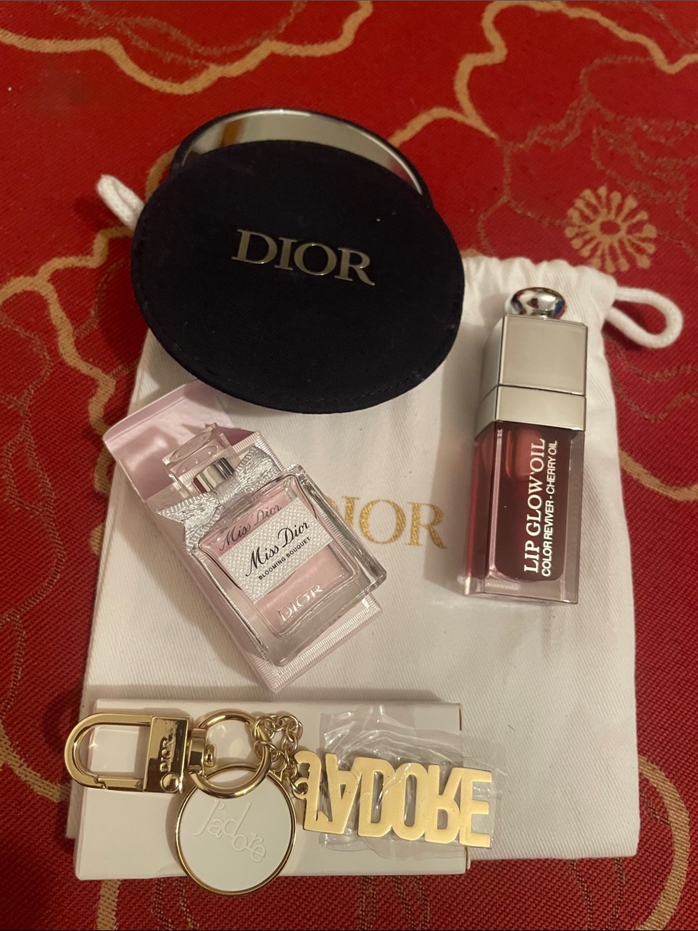 Dior Pink Miss Dior Mini & Lip Glow Oil with Gold Keychain Accents